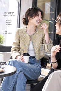シャネル ジャケット CHANEL 11C イエロー グレー シルバー ノーカラー クロップド ツイード グリポワボタン 46