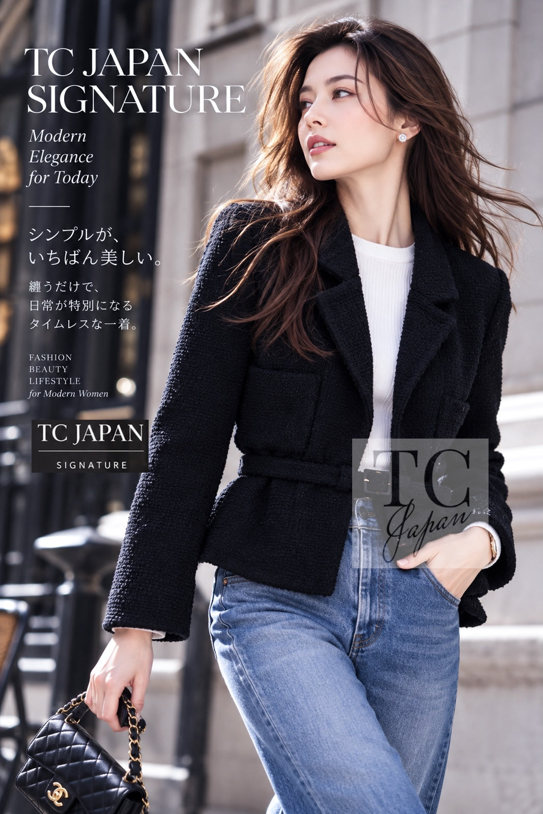 シャネル ジャケット CHANEL ブラック ベルト ウール ツイード ジャケット 36