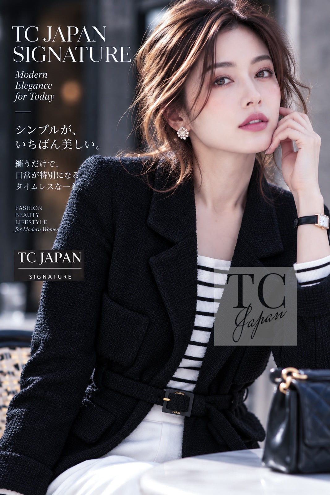 シャネル ジャケット CHANEL ブラック ベルト ウール ツイード ジャケット 36