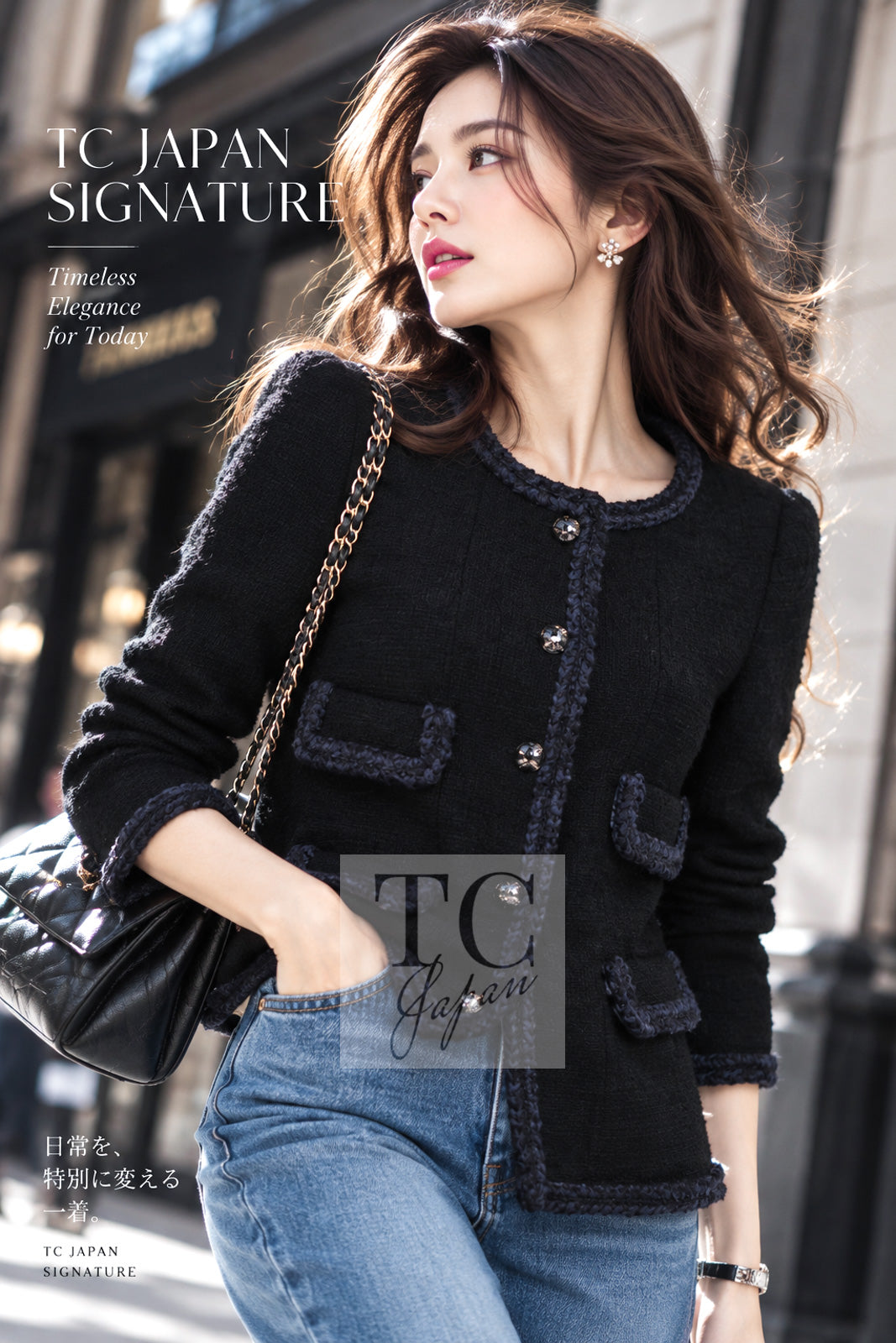 CHANEL 13A black navy trim tweed silk wool women's jacket m1