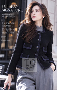 CHANEL 13A black navy trim tweed silk wool women's jacket m4