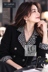 CHANEL Jacket 10PF Black Silk Wool Sequin Embellished Trim Tweed Double 38 | UK