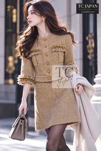 CHANEL 13C Gold Creme Silk Fringe Collarless Tweed Jacket Skirt Suit 34 36 | HK