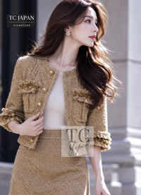 CHANEL 13C Gold Creme Silk Fringe Collarless Tweed Jacket Skirt Suit 34 36 | HK