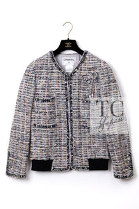CHANEL 04S Blue Pink Black Multi Color Tweed Zip-Up Blouson Jumper Setup Skirt 42 | US