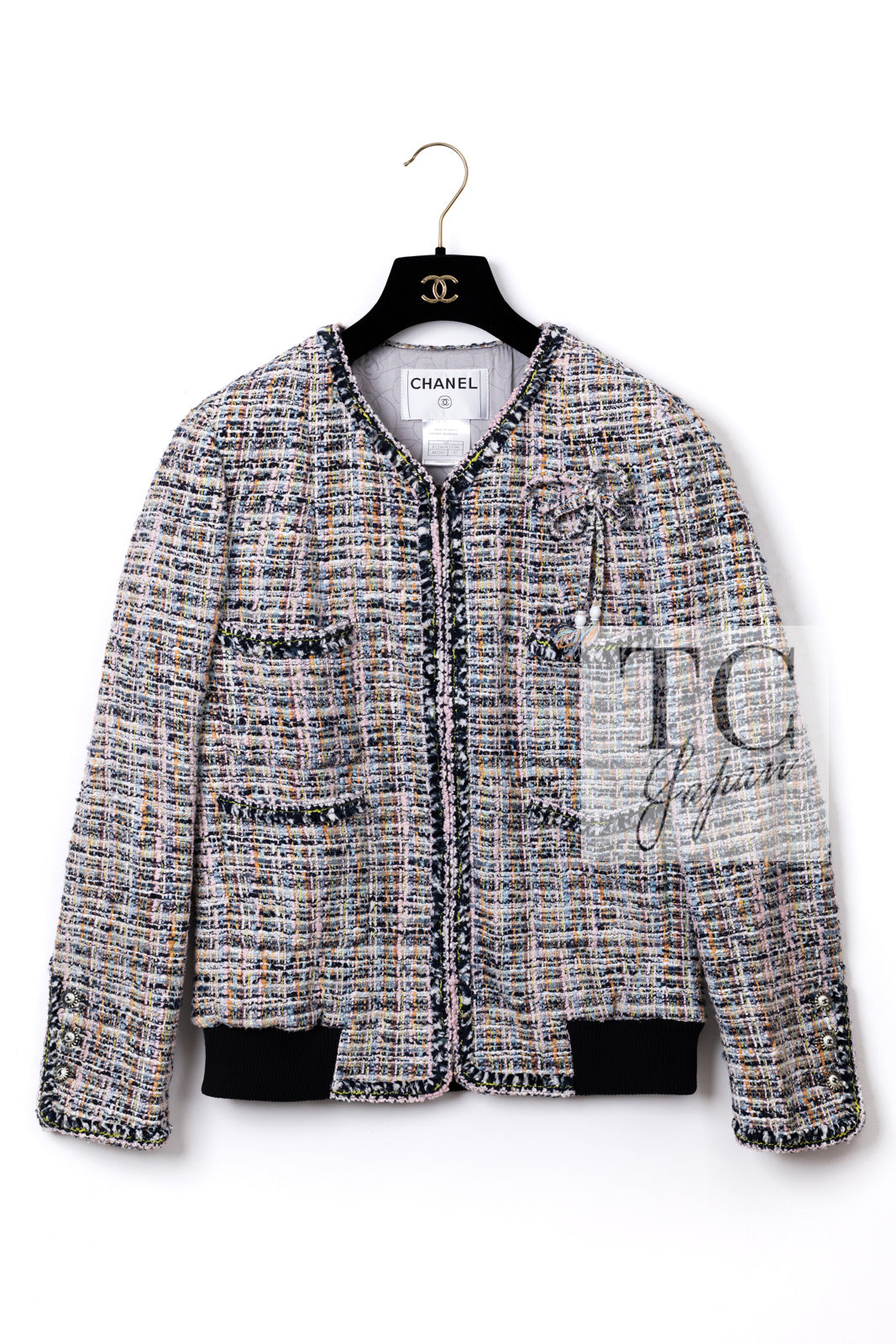 CHANEL 04S Blue Pink Black Multi Color Tweed Zip-Up Blouson Jumper Setup Skirt 42 | US