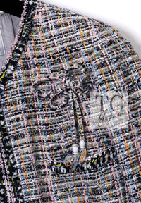 CHANEL 04S Blue Pink Black Multi Color Tweed Zip-Up Blouson Jumper Setup Skirt 42 | US