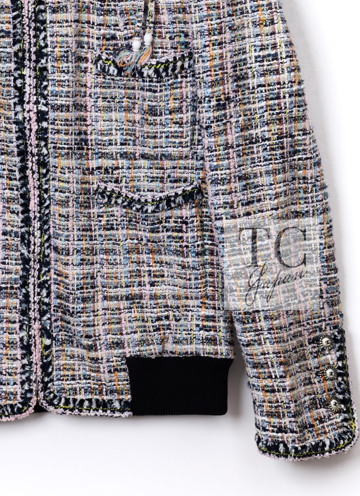 CHANEL 04S Blue Pink Black Multi Color Tweed Zip-Up Blouson Jumper Setup Skirt 42 | US