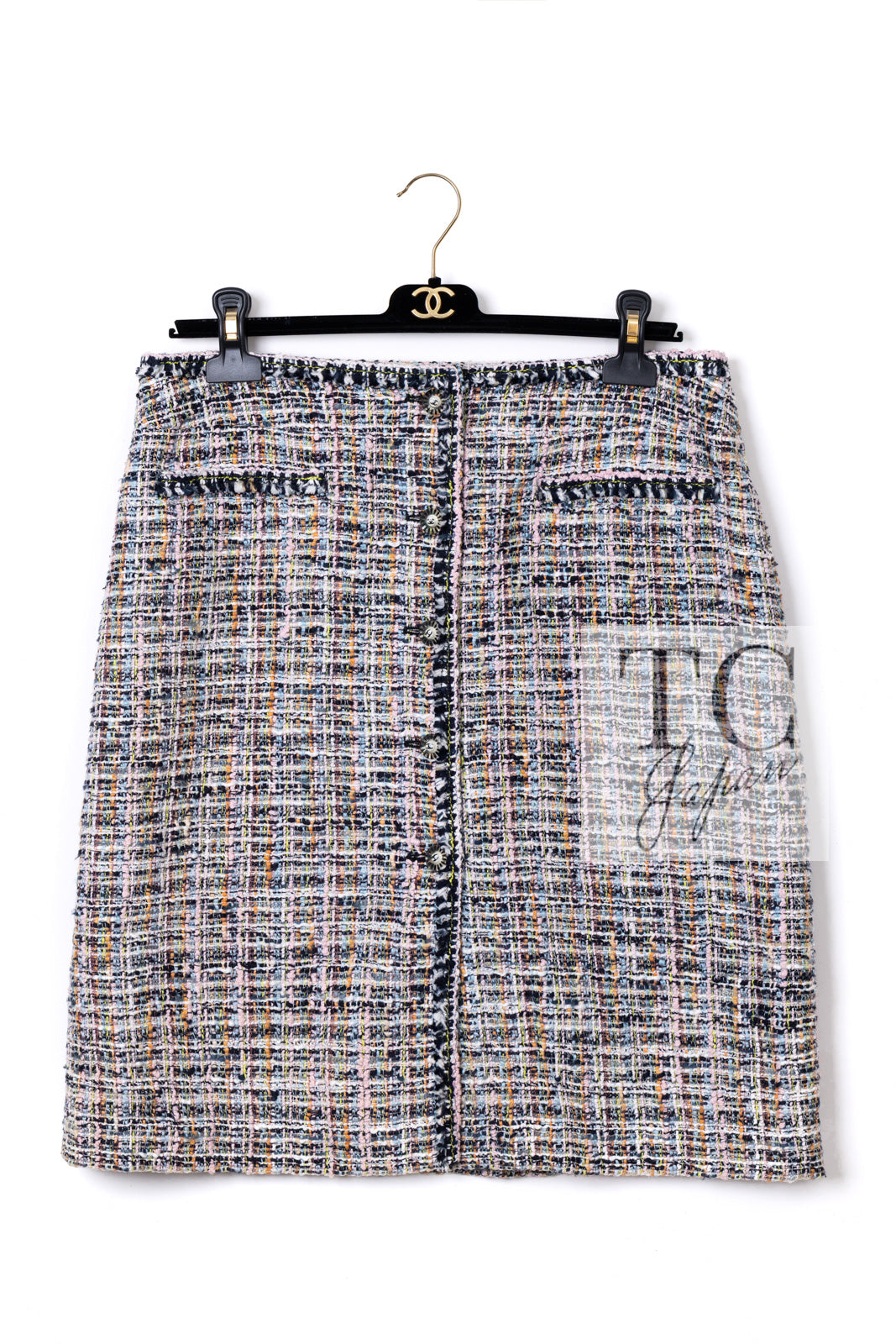 CHANEL 04S Blue Pink Black Multi Color Tweed Zip-Up Blouson Jumper Setup Skirt 42 | US