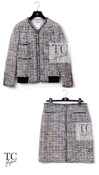CHANEL 04S Blue Pink Black Multi Color Tweed Zip-Up Blouson Jumper Setup Skirt 42 | US