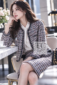 CHANEL 04S Blue Pink Black Multi Color Tweed Zip-Up Blouson Jumper Setup Skirt 42 | US