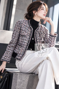 CHANEL 04S Blue Pink Black Multi Color Tweed Zip-Up Blouson Jumper Setup Skirt 42 | US