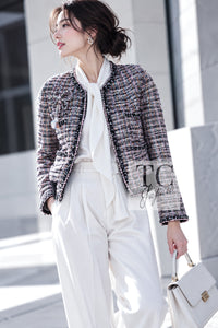 CHANEL 04S Blue Pink Black Multi Color Tweed Zip-Up Blouson Jumper Setup Skirt 42 | US