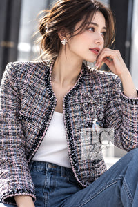 CHANEL 04S Blue Pink Black Multi Color Tweed Zip-Up Blouson Jumper Setup Skirt 42 | US