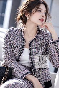 CHANEL 04S Blue Pink Black Multi Color Tweed Zip-Up Blouson Jumper Setup Skirt 42 | US