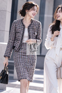 CHANEL 04S Blue Pink Black Multi Color Tweed Zip-Up Blouson Jumper Setup Skirt 42 | US
