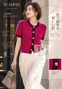 CHANEL 20PF Plum Burgundy Bicolor CC Logo Button Cashmere Knit Cardigan 38 5