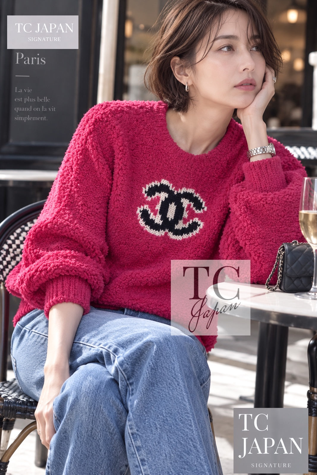 CHANEL 19A Pink Black CC Logo COCO Mark Sweater 34 36 10