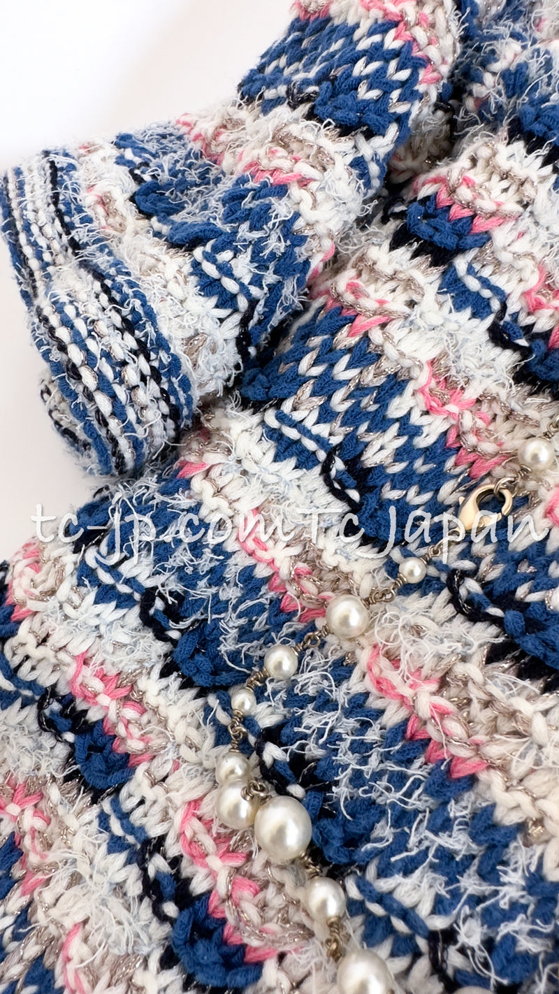 CHANEL 15C Blue Pink Multicolor Border Knit Tweed Dress 34 38 40 シャネル ブルー・ピンク・マルチカラー・ボーダー・ニット・ツイード・ワンピース 即発