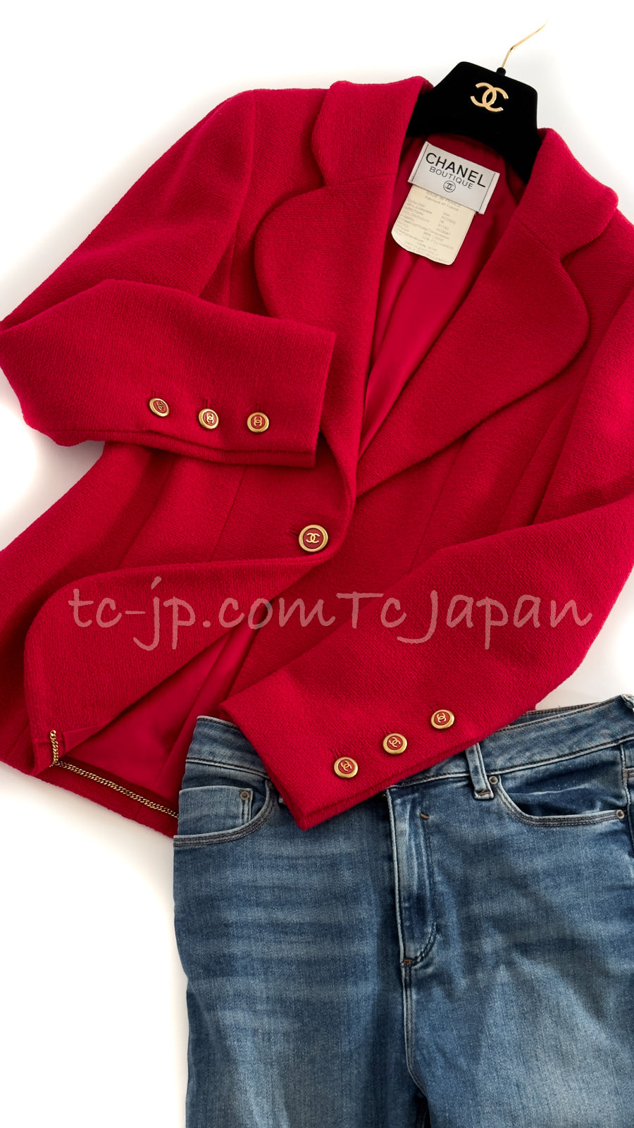 CHANEL 94A Vintage Red Wool Boucle CC Logo Button Blazer Jacket 38 シャネル ヴィンテージ・レッド・ウール・ブークレ・CCロゴボタン・ブレザー・ジャケット 即発