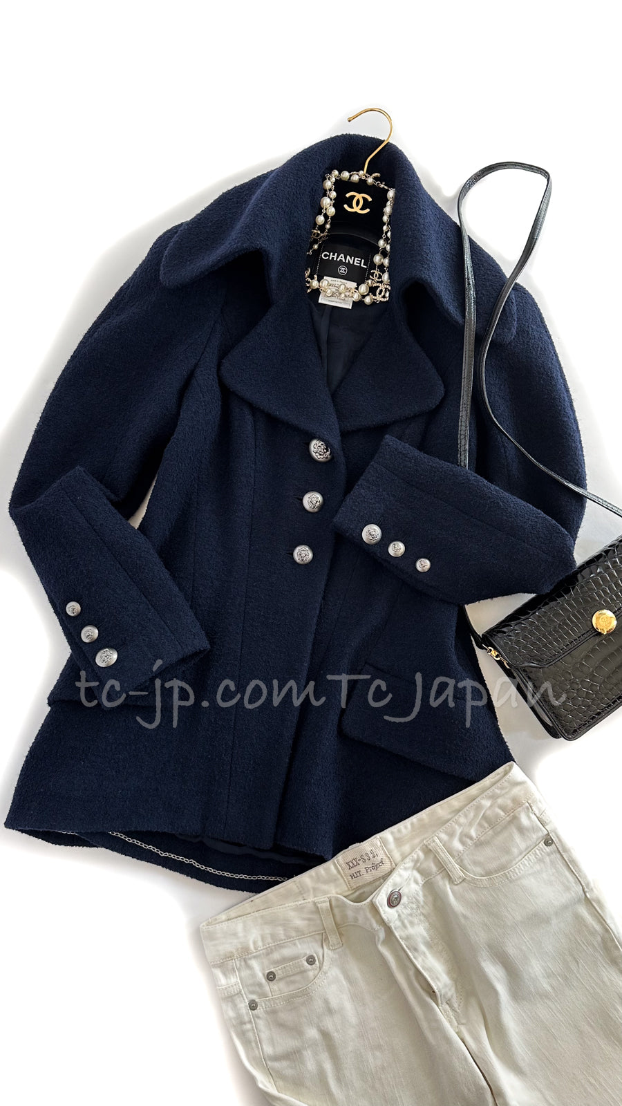 CHANEL 08A Black Dark Navy Wool Big Lion Button Jacket Coat 36 38 40 シャネル  ブラック・ダークネイビー・ウール・大きいライオンボタン・ジャケット・コート 即発