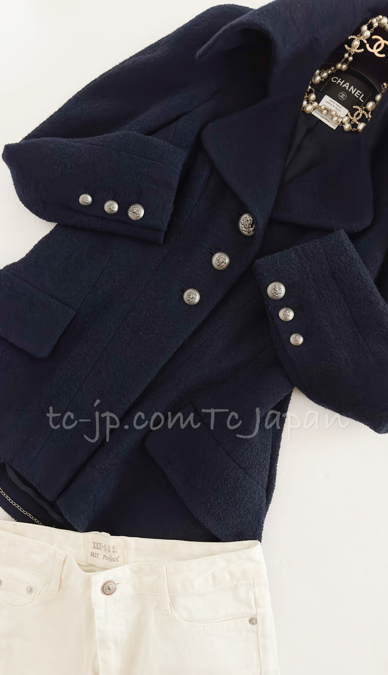 CHANEL 08A Black Dark Navy Wool Big Lion Button Jacket Coat 36 38 40 シャネル ブラック・ダークネイビー・ウール・大きいライオンボタン・ジャケット・コート 即発