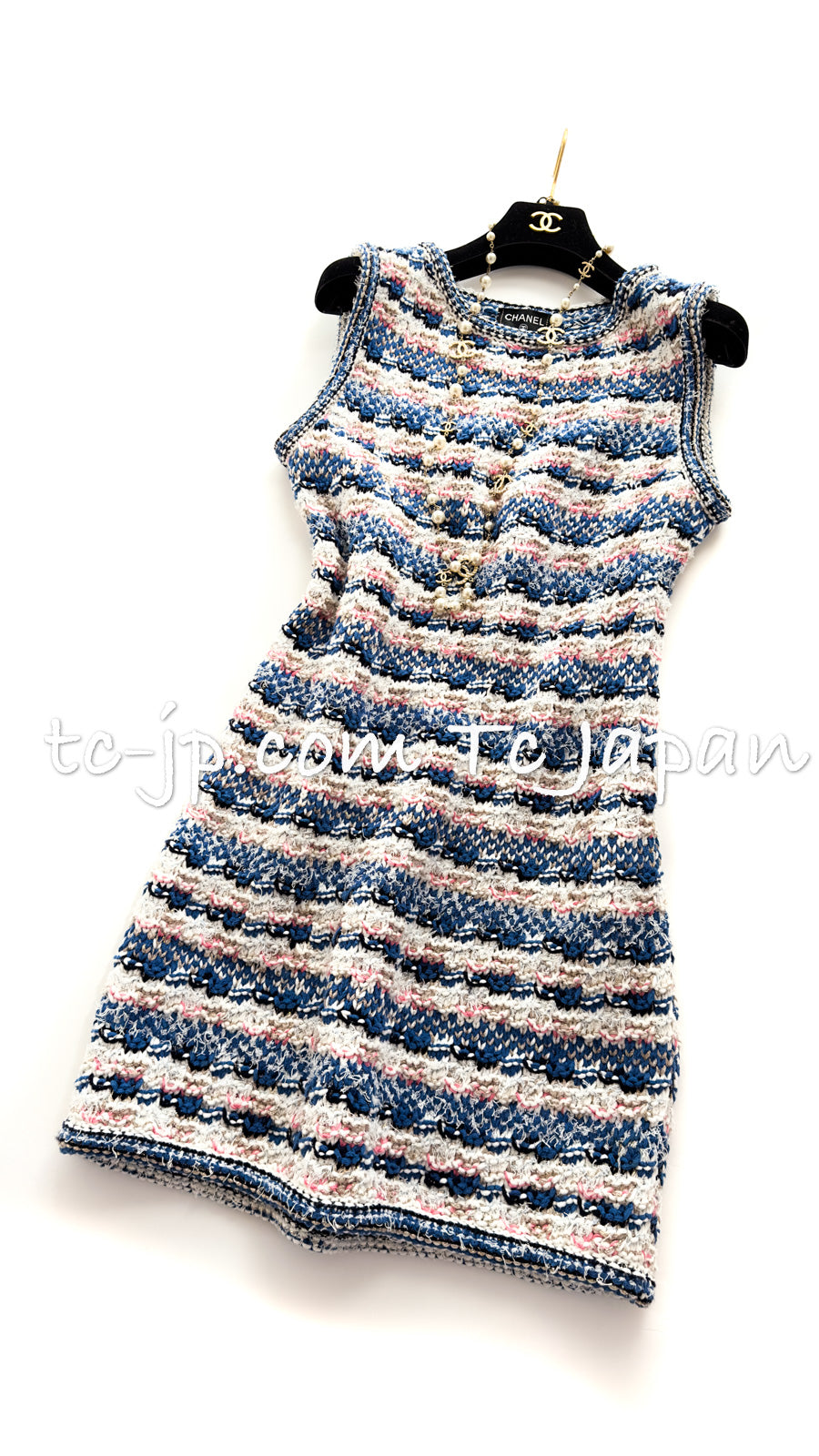 CHANEL 15C Blue Pink Multicolor Border Knit Tweed Dress 34 シャネル ブルー・ピンク・マルチカラー・ボーダー・ニット・ツイード・ワンピース 即発