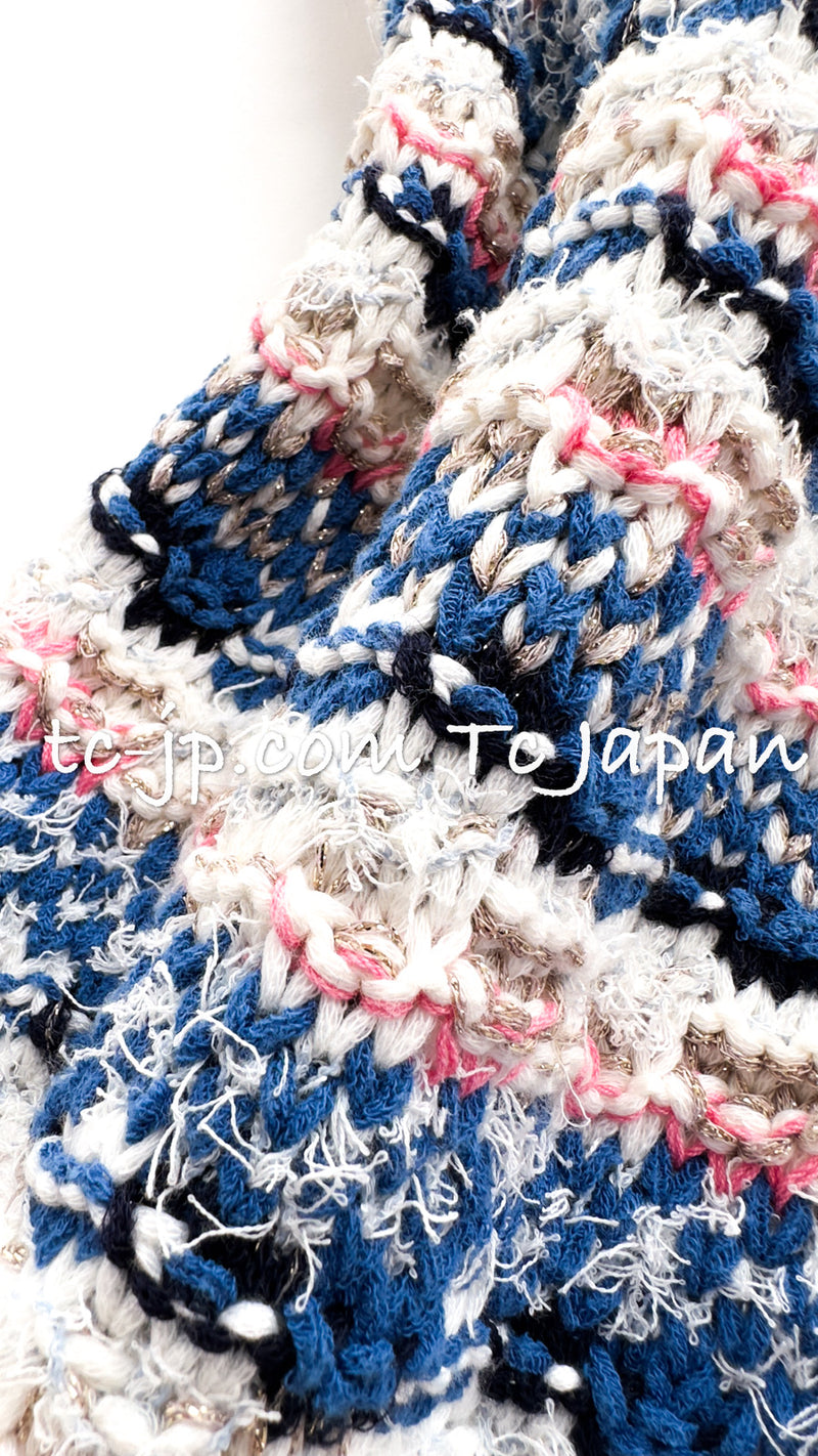 CHANEL 15C Blue Pink Multicolor Border Knit Tweed Dress 34 38 40 シャネル ブルー・ピンク・マルチカラー・ボーダー・ニット・ツイード・ワンピース 即発