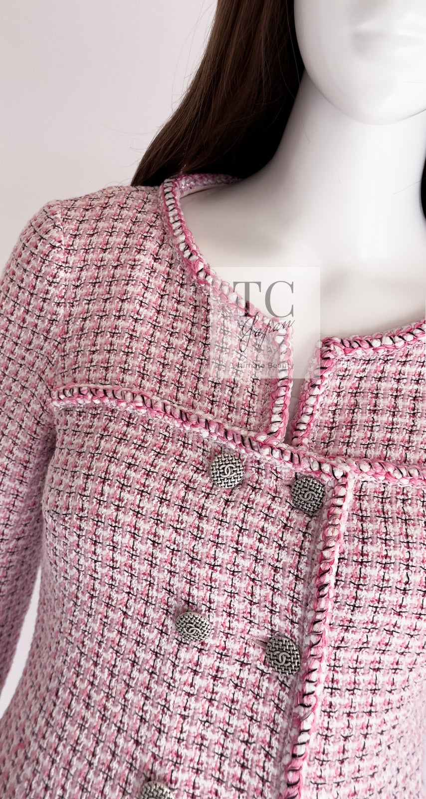 CHANEL 14S Pink White Cotton Collarless Double Jacket 34 シャネル ピンク ホワイト コットン ノーカラー ダブル ジャケット 即発