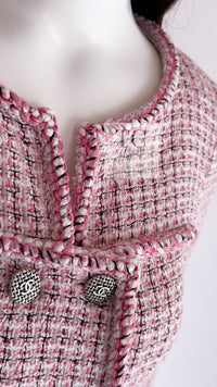 CHANEL 14S Pink White Cotton Collarless Double Jacket 34 シャネル ピンク ホワイト コットン ノーカラー ダブル ジャケット 即発