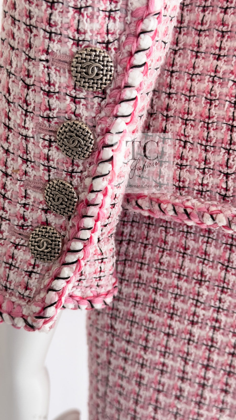 シャネル ジャケット CHANEL ピンク ホワイト コットン ノーカラー
