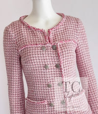 CHANEL 14S Pink White Cotton Collarless Double Jacket 34 シャネル ピンク ホワイト コットン ノーカラー ダブル ジャケット 即発
