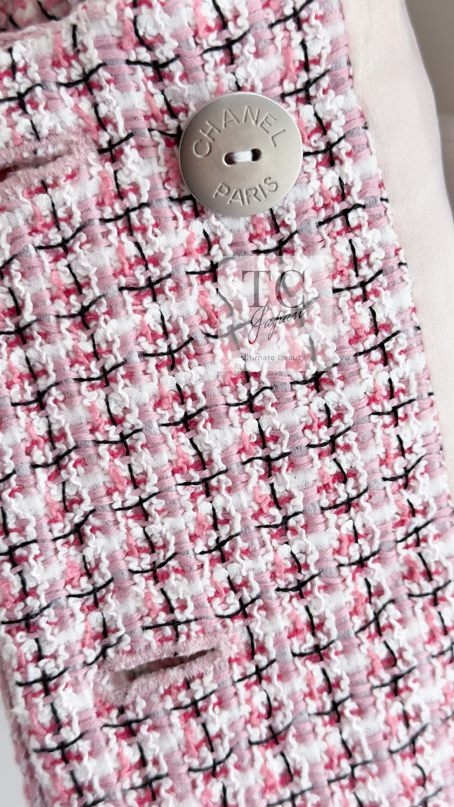 CHANEL 14S Pink White Cotton Collarless Double Jacket 34 シャネル ピンク ホワイト コットン ノーカラー ダブル ジャケット 即発