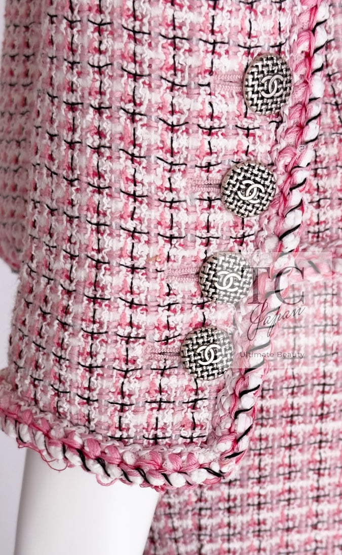 CHANEL 14S Pink White Cotton Collarless Double Jacket 34 シャネル ピンク ホワイト コットン ノーカラー ダブル ジャケット 即発 - TC JAPAN