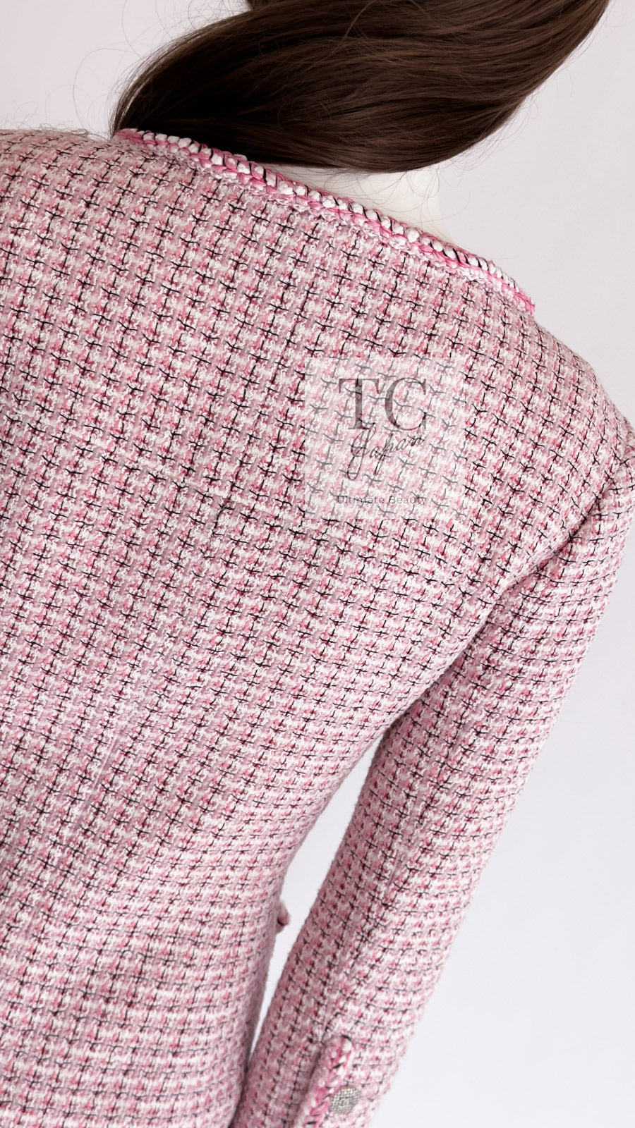 CHANEL 14S Pink White Cotton Collarless Double Jacket 34 シャネル ピンク ホワイト コットン ノーカラー ダブル ジャケット 即発 - TC JAPAN