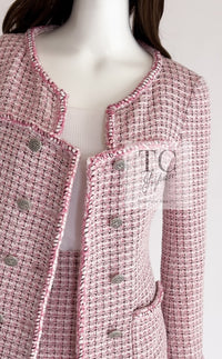 CHANEL 14S Pink White Cotton Collarless Double Jacket 34 シャネル ピンク ホワイト コットン ノーカラー ダブル ジャケット 即発
