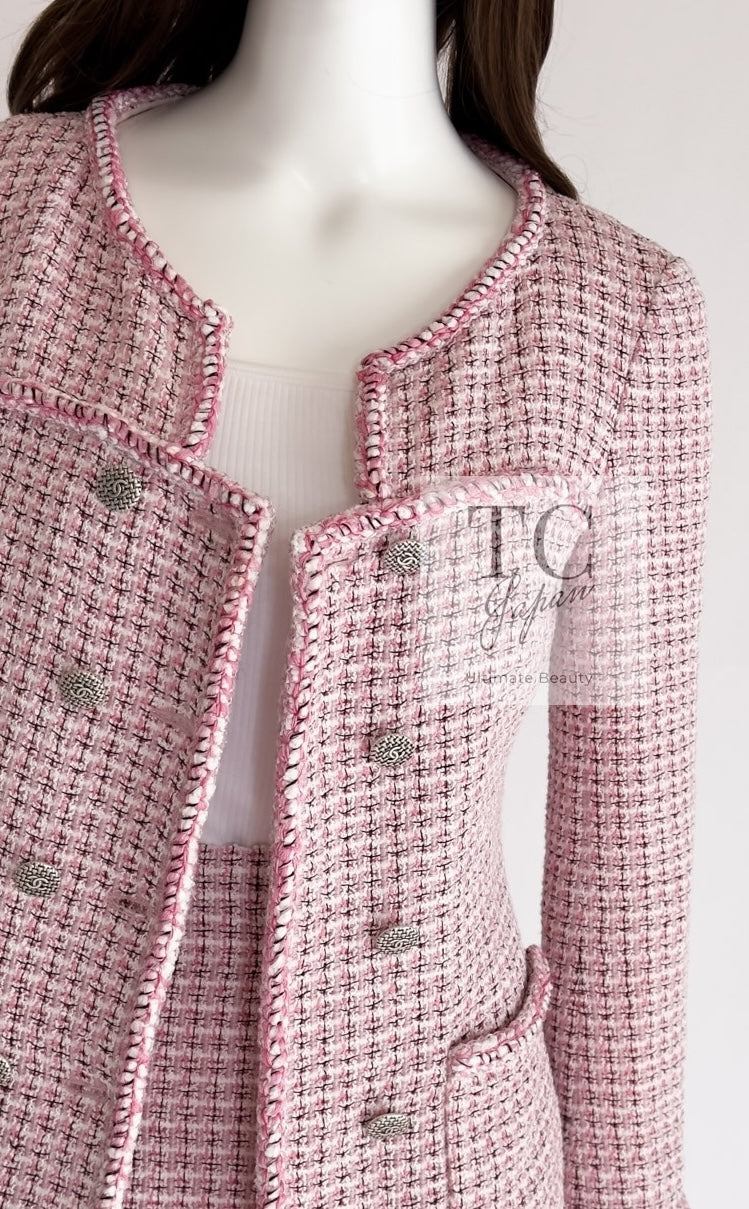 CHANEL 14S Pink White Cotton Collarless Double Jacket 34 シャネル ピンク ホワイト コットン ノーカラー ダブル ジャケット 即発