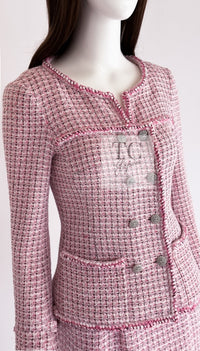 CHANEL 14S Pink White Cotton Collarless Double Jacket 34 シャネル ピンク ホワイト コットン ノーカラー ダブル ジャケット 即発