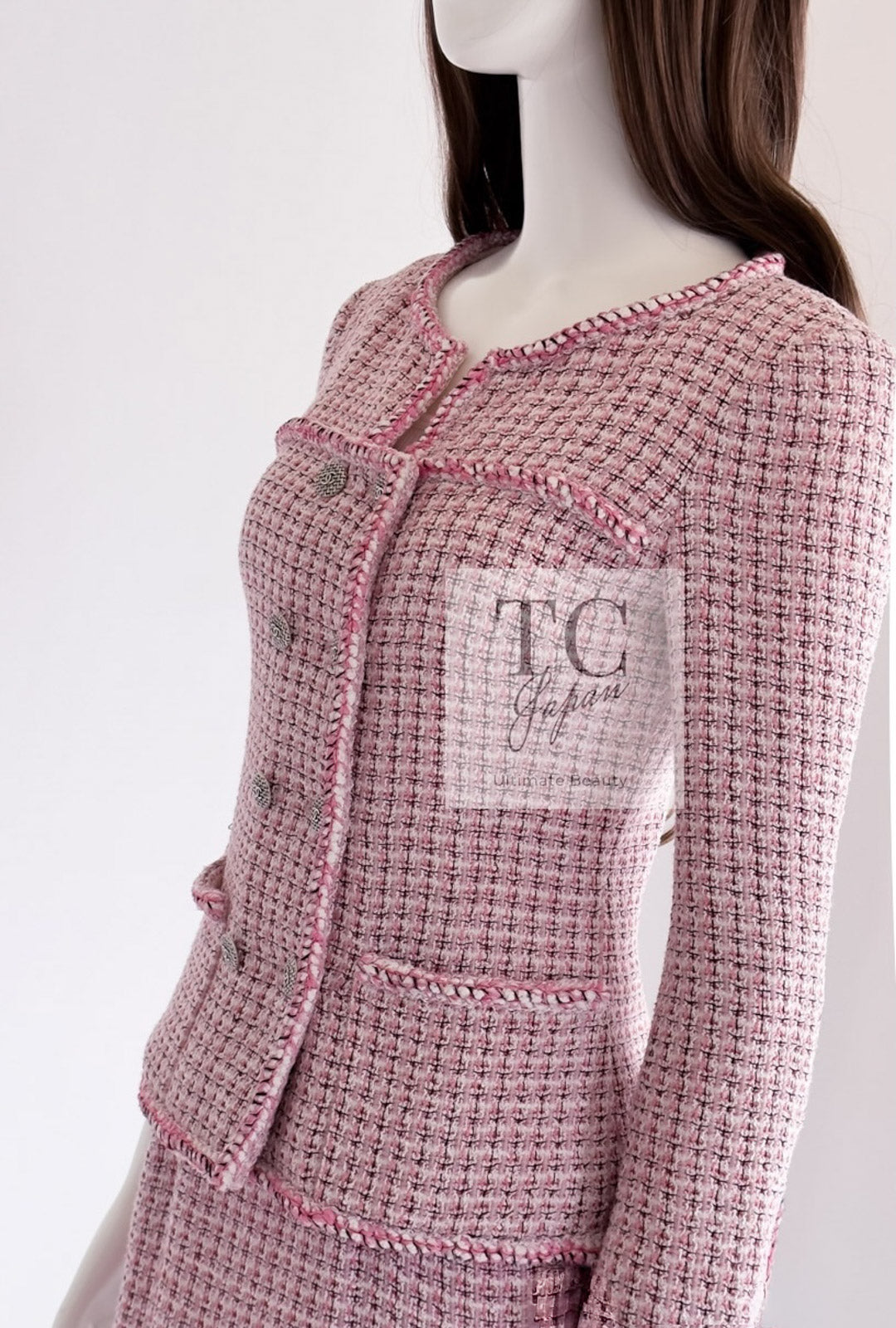 CHANEL 14S Pink White Cotton Collarless Double Jacket 34 シャネル ピンク ホワイト コットン ノーカラー ダブル ジャケット 即発
