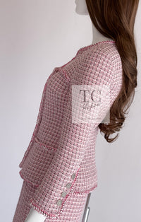 CHANEL 14S Pink White Cotton Collarless Double Jacket 34 シャネル ピンク ホワイト コットン ノーカラー ダブル ジャケット 即発