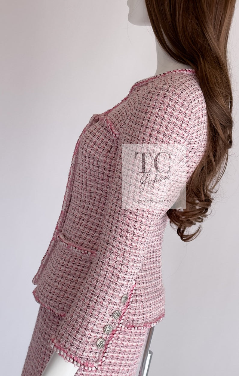 CHANEL 14S Pink White Cotton Collarless Double Jacket 34 シャネル ピンク ホワイト コットン ノーカラー ダブル ジャケット 即発