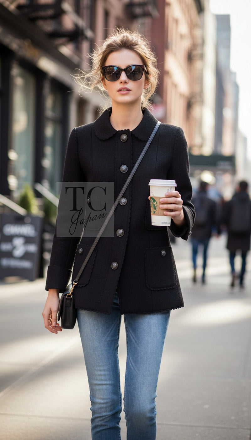 CHANEL Jacket Coat 14PF Black CC Button Wool 34 | UK