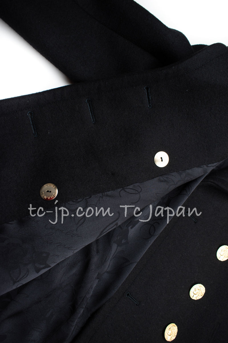 CHANEL 16PF Black Cashmere Gold Button Coat Dress 34 36 42 46 シャネル ブラック・カシミア・ゴールドボタン・トレンチコート・ピーコート・ワンピース 即発