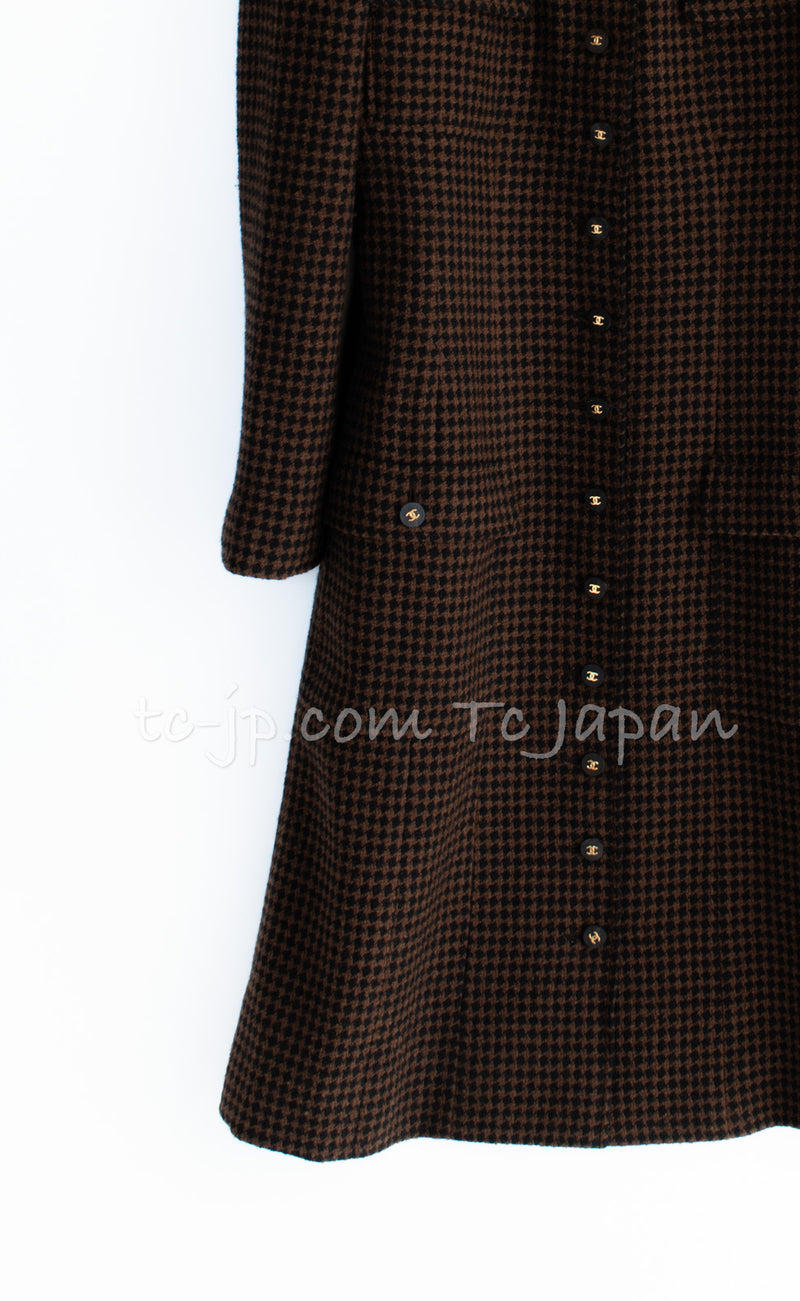 CHANEL 96A Vintage Brown Black Houndstooth Dress Coat 38 シャネル ヴィンテージ・ブラウン・ブラック・千鳥格子・CCボタン ワンピース・コート 即発