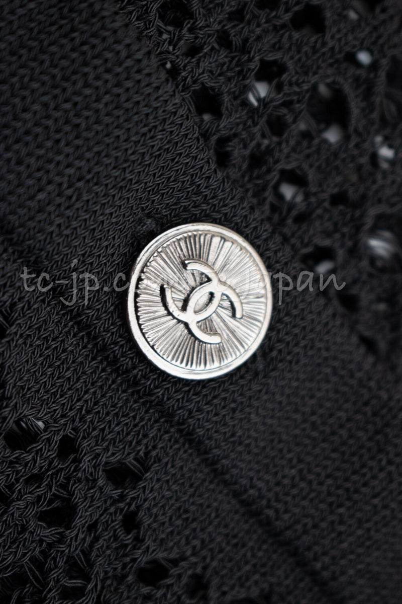 CHANEL 12S Black White Cotton Eye-let V-Neck Knit Cardigan 36 38 シャネル ブラック・ホワイト・コットン・アイレット・Vネック・ニット・カーディガン