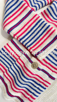 CHANEL 19C Ivory Beige Blue Border CC Logo Sweater Cardigan 36 38 シャネル アイボリー・ボーダー・ベージュ・ブルー・CCロゴ・セーター・トップス・カーディガン 即発