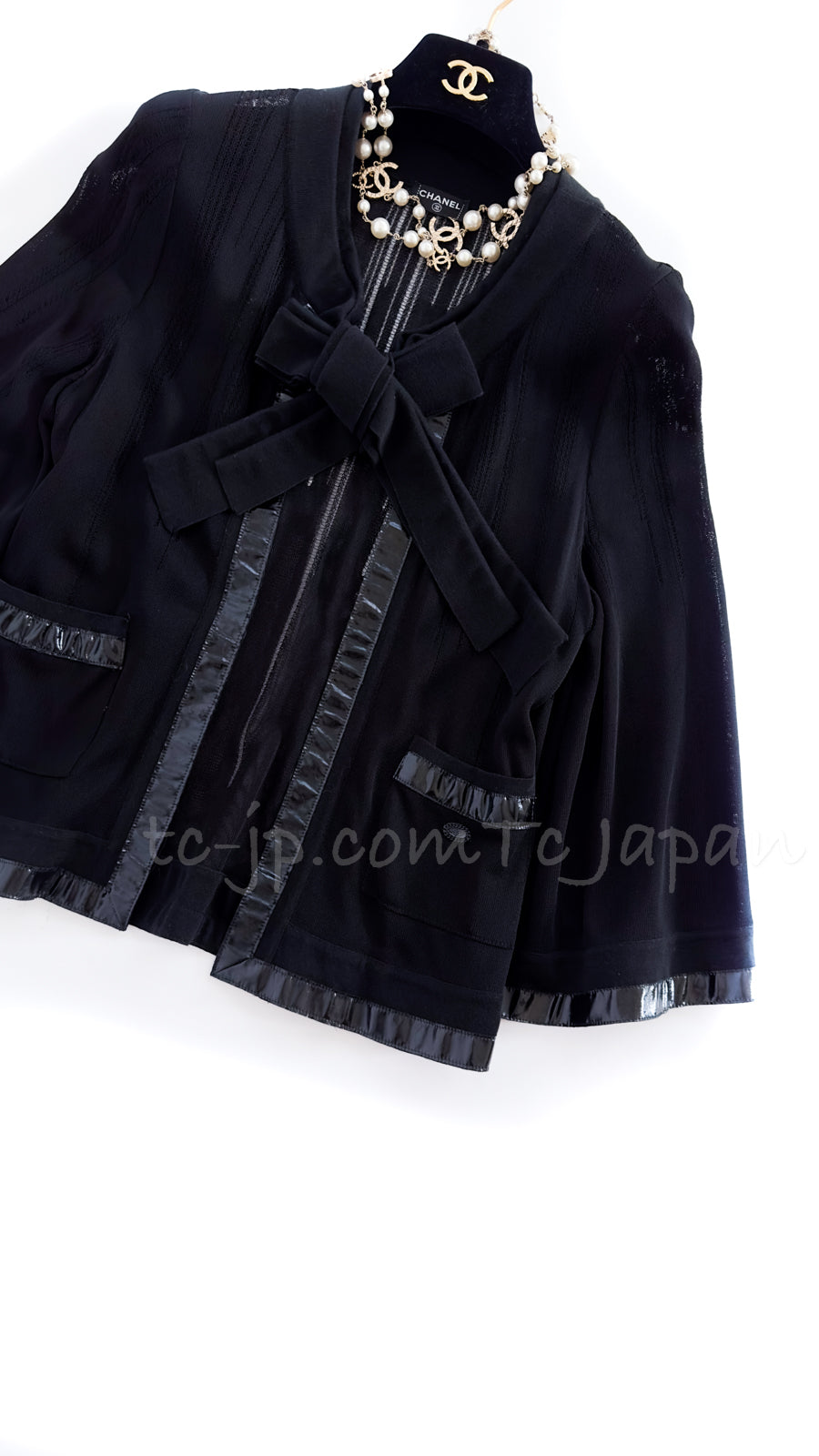 CHANEL 07S Ribbon Trim Black Cardigan Jacket 34 36 シャネル リボン・トリム・ブラック・ニット ボレロ カーディガン 即発