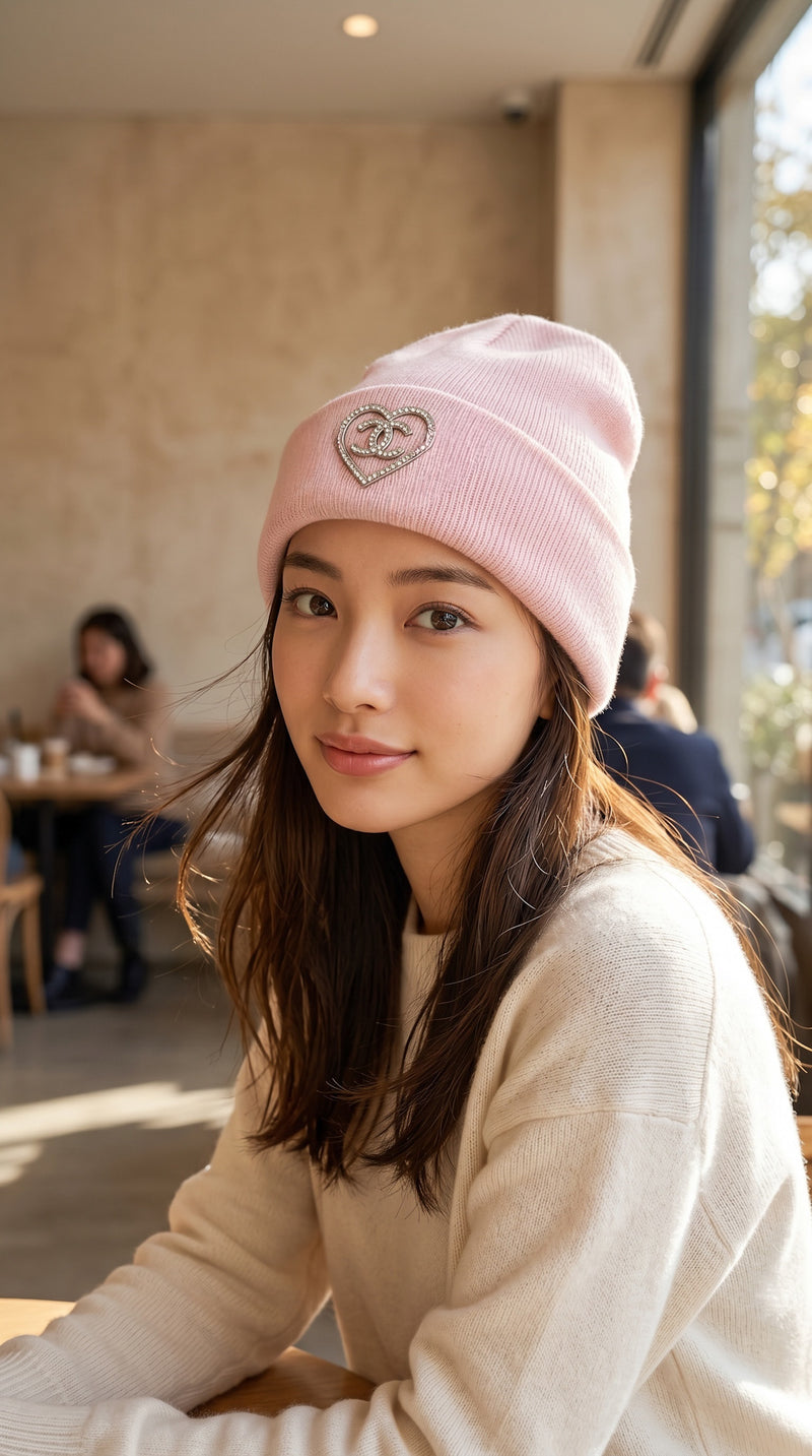 CHANEL Pink Knit cap Women COCO Mark Heart Rhinestone シャネル ピンク ニットキャップ レディース ココマーク ハート ラインストーン - TC JAPAN