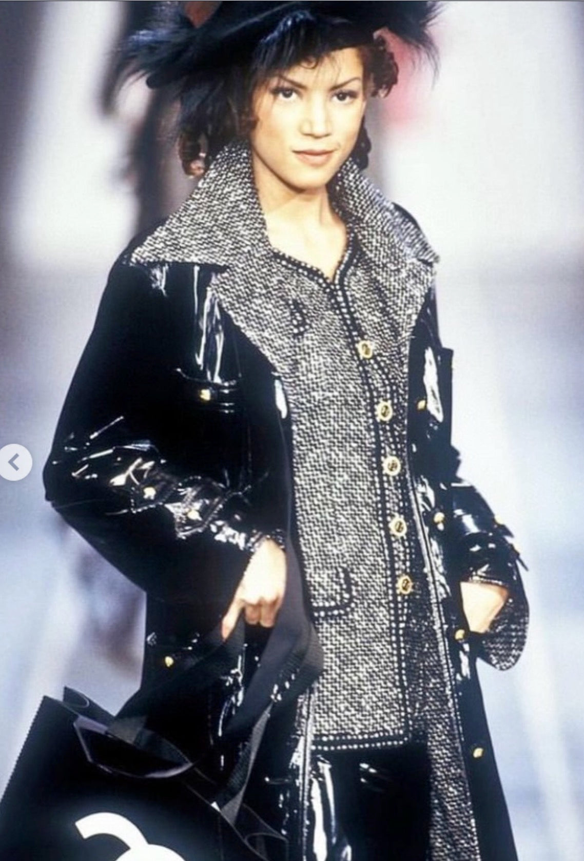 CHANEL Coat 93A Vintage Black Ivory CC Gold Button Cotton Wool 34 | HK
