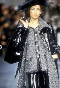 CHANEL Coat 93A Vintage Black Ivory CC Gold Button Cotton Wool 34 | HK